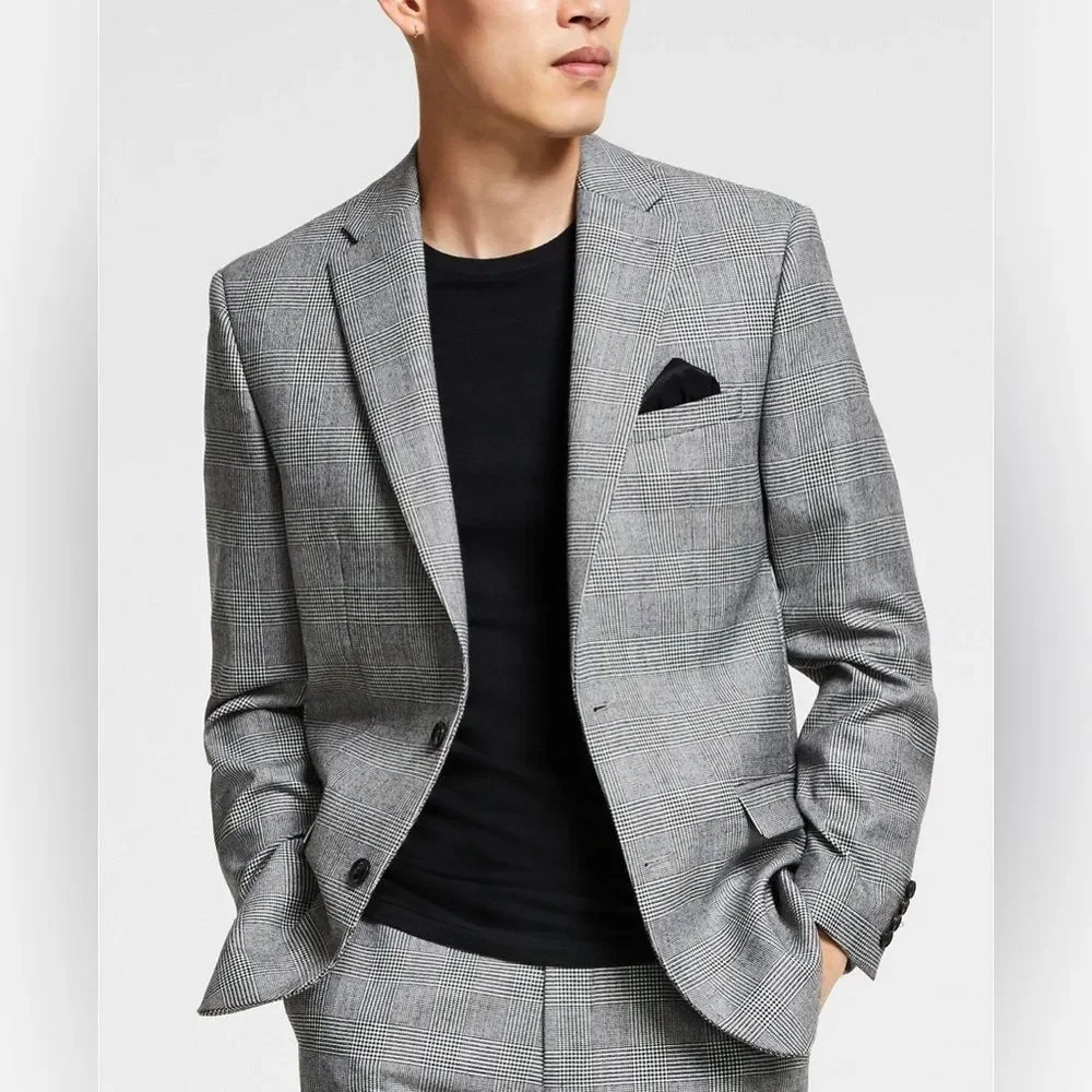 Bar III Glen Plaid Skinny-Fit Suit Jacket in Black-White, NWT, Size 44L